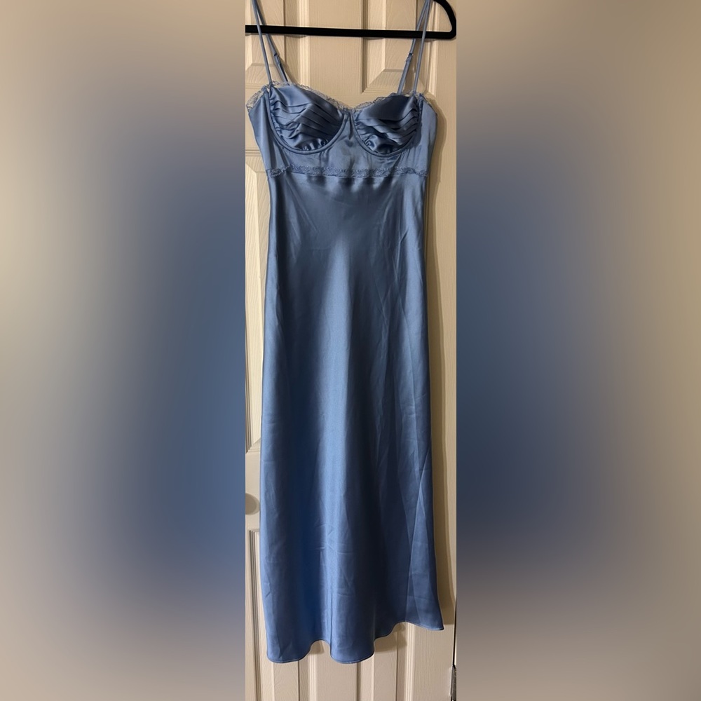 Astr Florianne Satin Blue Maxi Dress NWT small